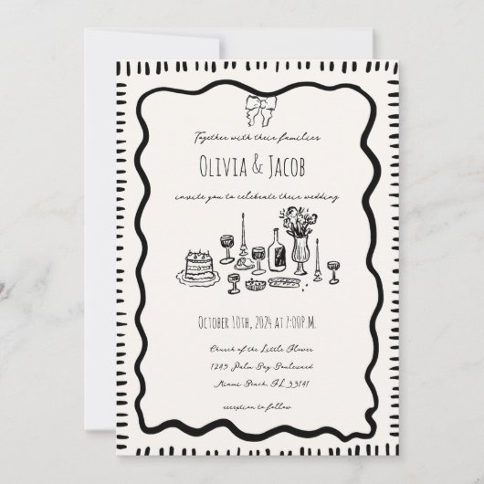 Whimsical Hand Drawn Bow Scribble Wavy Hochzeit Einladung (Vorderseite)