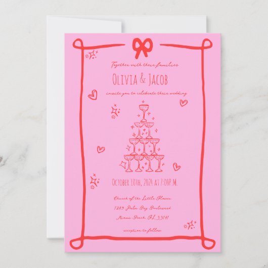 Whimsical Hand Drawn Bow Scribble Wedding Einladung (Vorderseite)