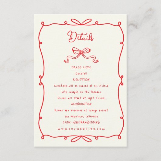 Whimsical Hand Drawn Bows Hochzeitsempfang Begleitkarte (Vorderseite)
