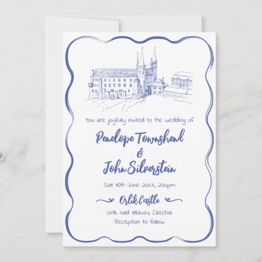 Whimsical Hand Drawn Castle Illustration Hochzeit Einladung (Vorderseite)