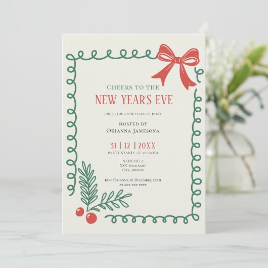 Whimsical Hand Drawn Champagne New Years Eve Party Einladung (Stehend Vorderseite)