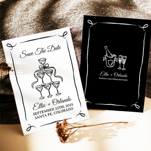Whimsical Hand Drawn Champagner Tower Save the Dat Einladung