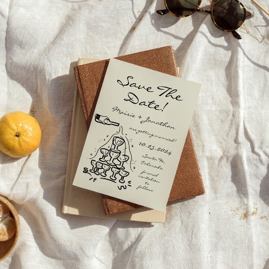 Whimsical Hand Drawn Champagner Tower Save the Dat Einladung