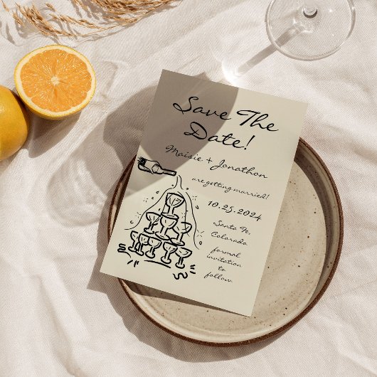 Whimsical Hand Drawn Champagner Tower Save the Dat Einladung