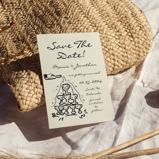 Whimsical Hand Drawn Champagner Tower Save the Dat Einladung