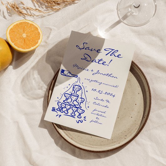 Whimsical Hand Drawn Champagner Tower Save the Dat Einladung