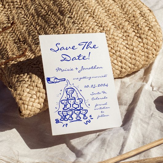 Whimsical Hand Drawn Champagner Tower Save the Dat Einladung
