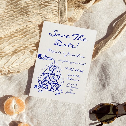 Whimsical Hand Drawn Champagner Tower Save the Dat Einladung