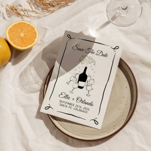 Whimsical Hand Drawn Champagner Tower Save the Dat Einladung