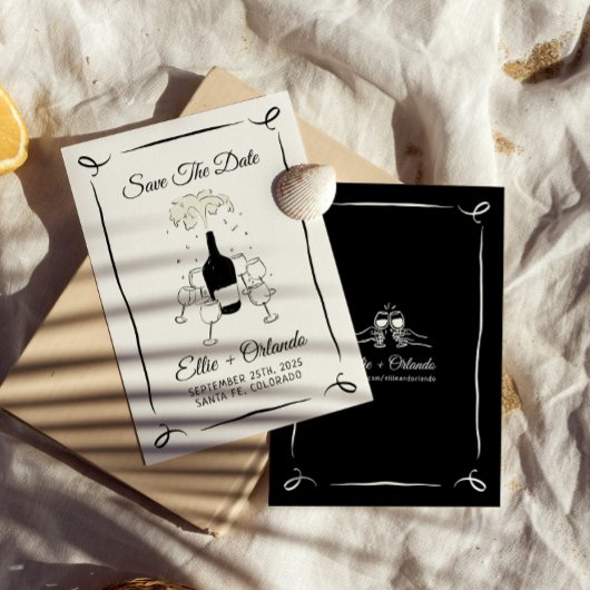 Whimsical Hand Drawn Champagner Tower Save the Dat Einladung