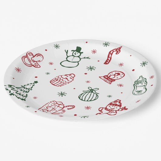 Whimsical Hand Drawn Christmas Baby Shower Pappteller (Schrägansicht)