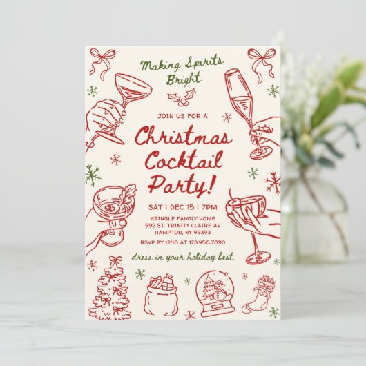 Whimsical Hand Drawn Christmas Cocktail Party Einladung (Stehend Vorderseite)