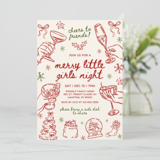 Whimsical Hand Drawn Christmas Girls Night Einladung (Stehend Vorderseite)