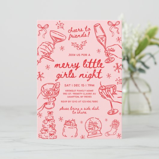 Whimsical Hand Drawn Christmas Girls Night Einladung (Stehend Vorderseite)
