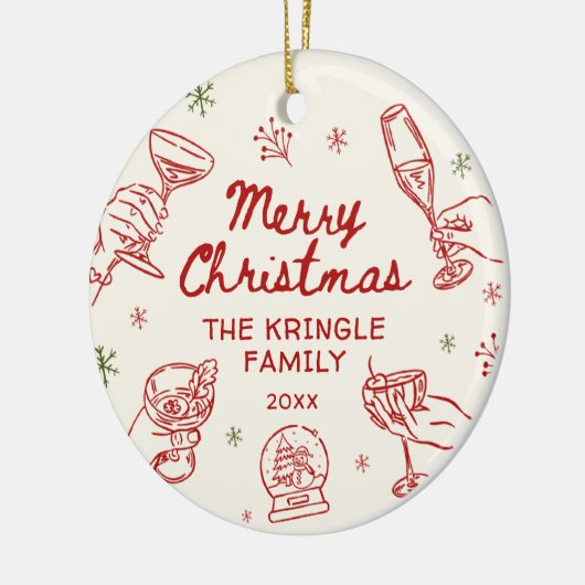 Whimsical Hand Drawn Christmas Party Keramik Ornament (Links)