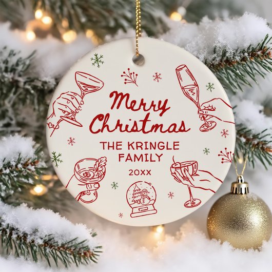 Whimsical Hand Drawn Christmas Party Keramik Ornament