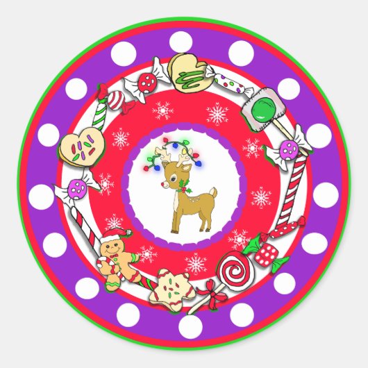 Whimsical Hand Drawn Christmas Rentier Runder Aufkleber (Vorderseite)