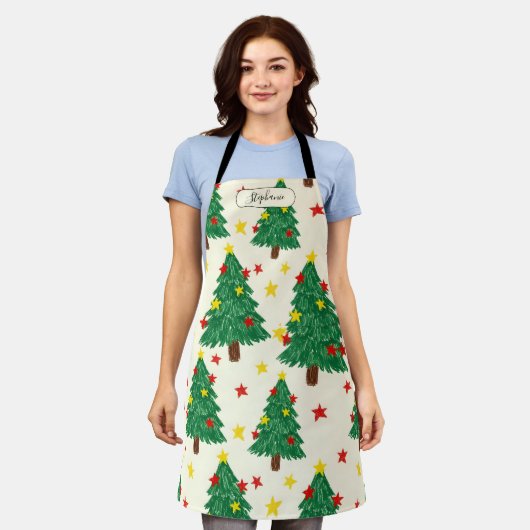 Whimsical Hand Drawn Christmas Tree Pattern Person Schürze (Getragen)
