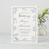 Whimsical Hand Drawn Coastal Beach Wedding Einladung (Stehend Vorderseite)