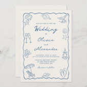 Whimsical Hand Drawn Coastal Beach Wedding Einladung (Vorne/Hinten)