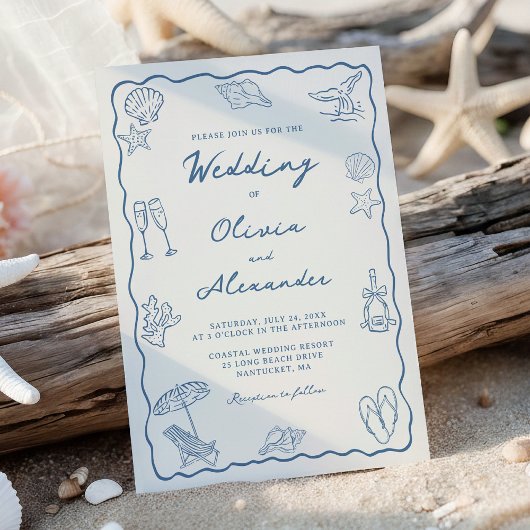 Whimsical Hand Drawn Coastal Beach Wedding Einladung