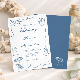 Whimsical Hand Drawn Coastal Blue Beach Wedding Einladung