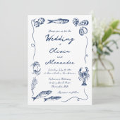 Whimsical Hand Drawn Coastal Navy Blue Wedding Einladung (Stehend Vorderseite)