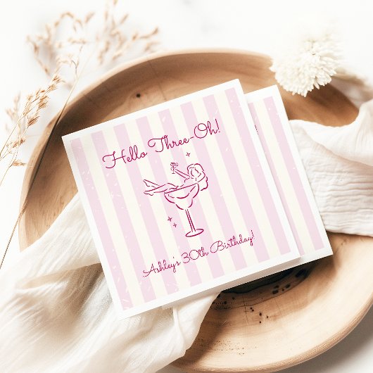 Whimsical Hand Drawn Cocktail Pink 30th Birthday Serviette