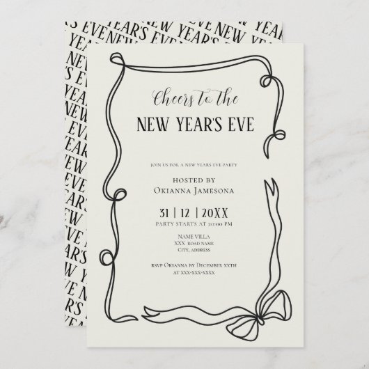 Whimsical Hand Drawn Coquette New Years Eve Party Einladung (Vorne/Hinten)