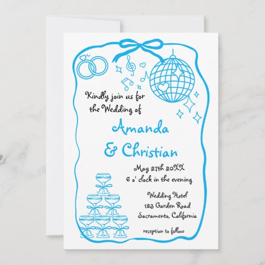 Whimsical Hand Drawn Doodle Blue Bow Wedding Einladung (Vorderseite)