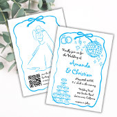 Whimsical Hand Drawn Doodle Blue Bow Wedding Einladung