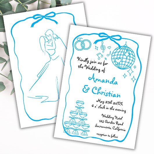 Whimsical Hand Drawn Doodle Blue Bow Wedding Einladung