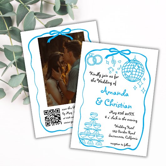 Whimsical Hand Drawn Doodle Blue Foto Hochzeit Einladung