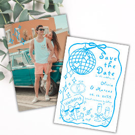 Whimsical Hand Drawn Doodle Blue Wedding Save The Date