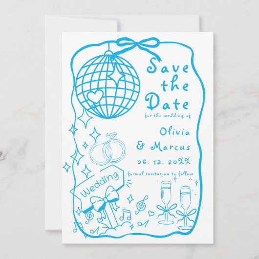 Whimsical Hand Drawn Doodle Blue Wedding Save The Date (Vorderseite)