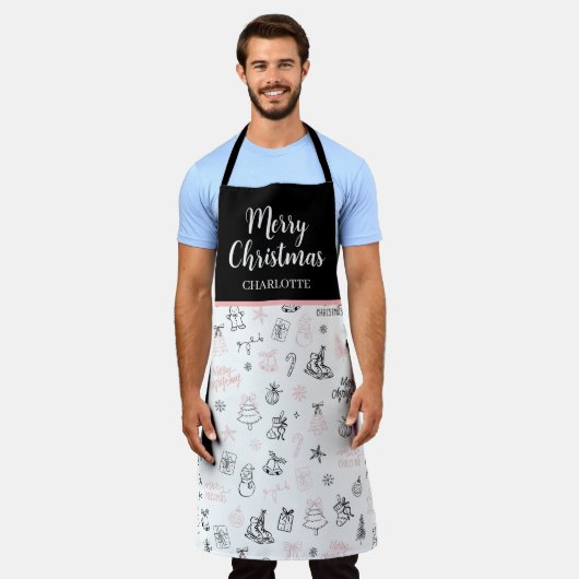 Whimsical Hand Drawn Doodle Christmas Pink Black Schürze (Getragen)