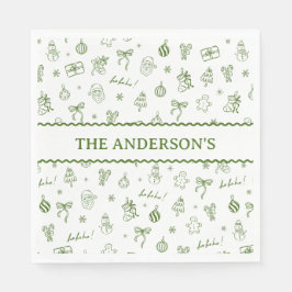 Whimsical Hand Drawn Doodle Green Serviette