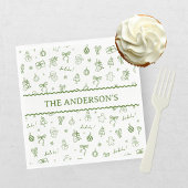 Whimsical Hand Drawn Doodle Green Serviette