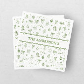 Whimsical Hand Drawn Doodle Green Serviette