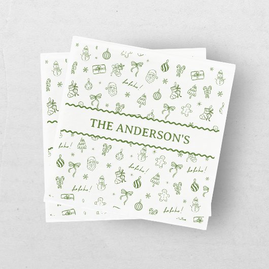 Whimsical Hand Drawn Doodle Green Serviette