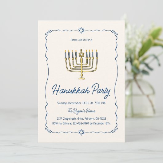 Whimsical Hand Drawn Doodle Hanukkah Party Einladung (Stehend Vorderseite)
