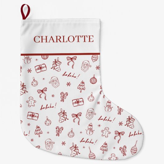 Whimsical Hand Drawn Doodle Red Großer Weihnachtsstrumpf (Vorderseite)