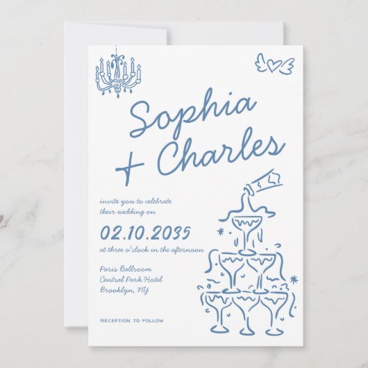 Whimsical Hand Drawn Doodles Foto QR Hochzeit Einladung (Vorderseite)