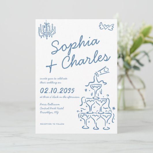Whimsical Hand Drawn Doodles Foto QR Hochzeit Einladung (Stehend Vorderseite)