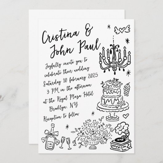 Whimsical Hand Drawn Doodles Französisch Stil Hoch Einladung (Vorne/Hinten)