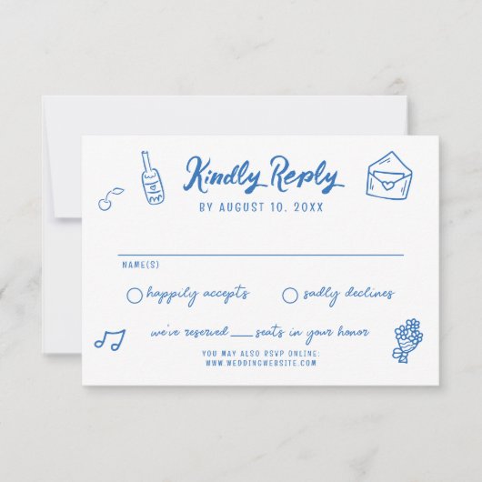 Whimsical Hand Drawn Doodles Französisch Stil Hoch RSVP Karte (Vorderseite)