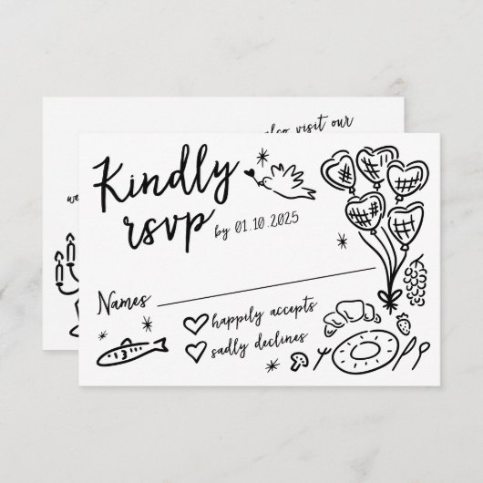Whimsical Hand Drawn Doodles Französisch Stil Hoch RSVP Karte (Vorne/Hinten)