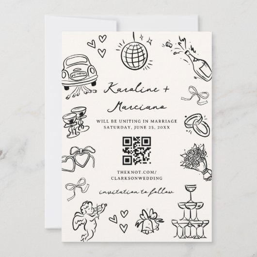 Whimsical Hand Drawn Doodles Save the Date QR-Code Einladung (Rückseite)