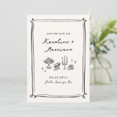 Whimsical Hand Drawn Doodles Save the Date QR-Code Einladung (Stehend Vorderseite)