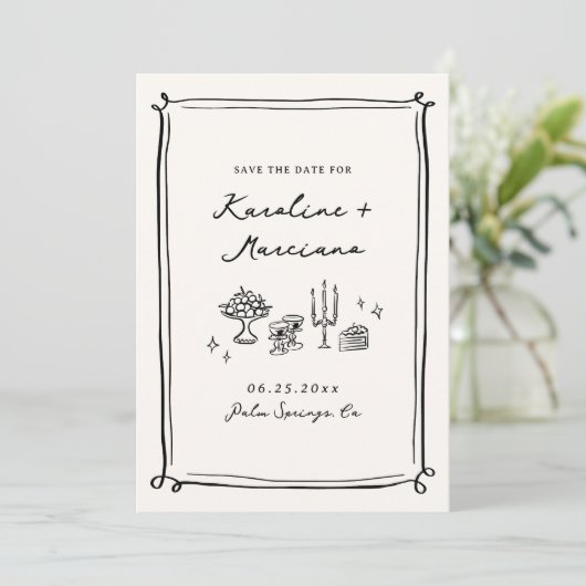 Whimsical Hand Drawn Doodles Save the Date QR-Code Einladung (Stehend Vorderseite)